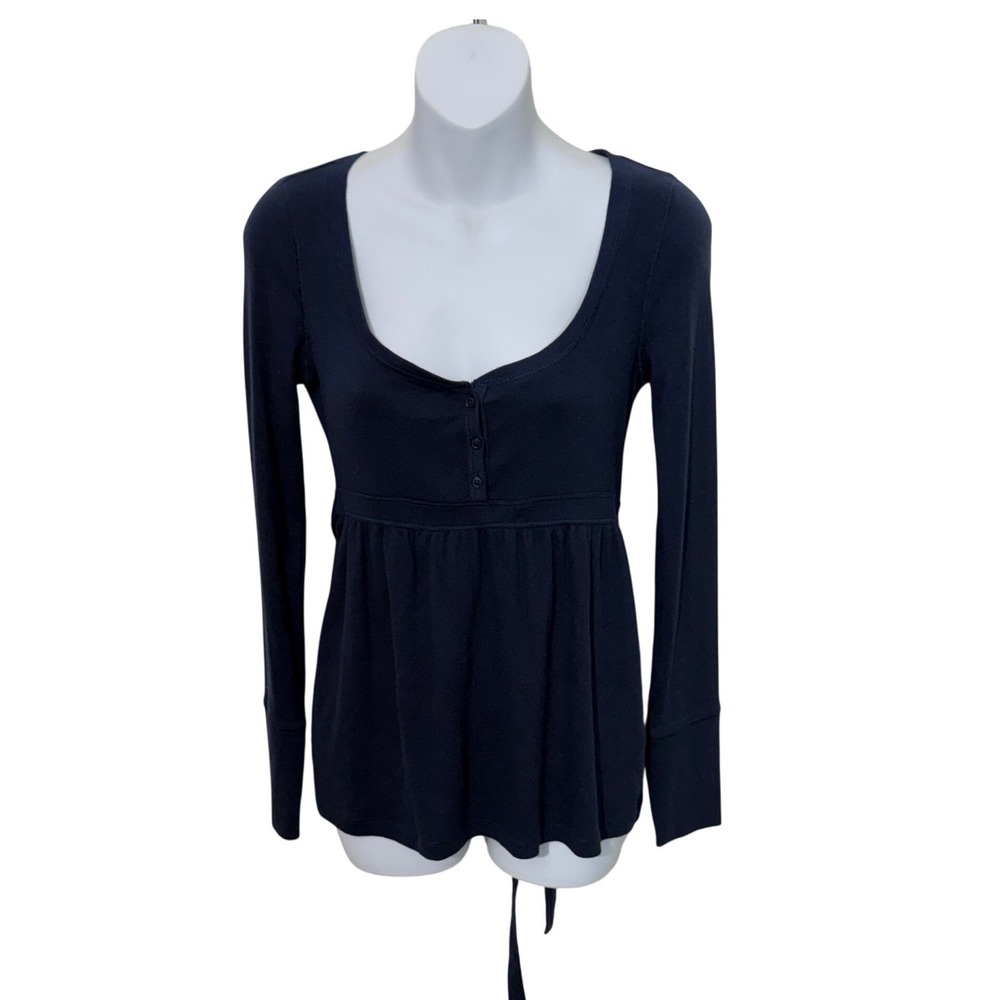 Hollister Henley Top Womens Small Navy Blue Ribbed Empire Waist Tie Back Y2K